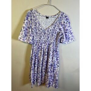 UEAL Womens Dress Smocked Bodice Floral Purple Medium